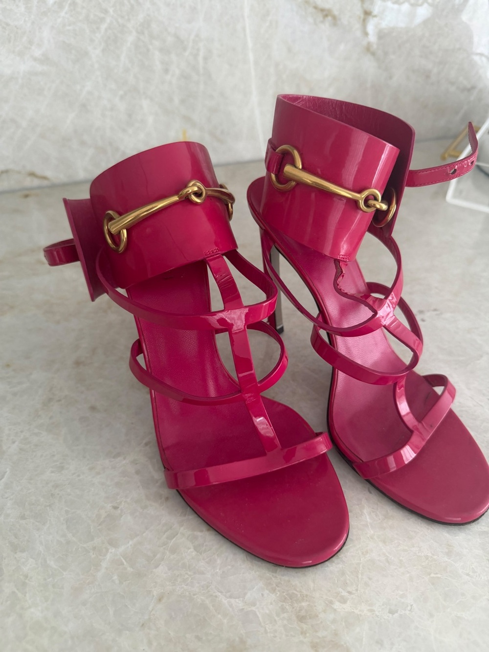 Gucci Fuchsia Patent Strappy High Heel Sandals with Gold Horsebit